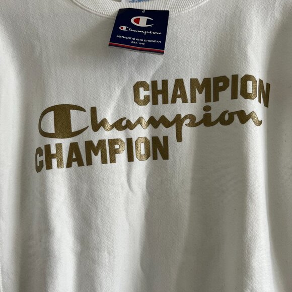 Champion Gold Logo Crewneck Sweatshirt | White Pullover | NWT Size S - Picture 3 of 7